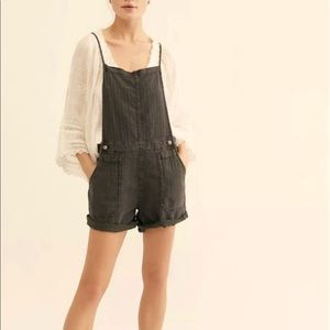 Free People Grey Natural Sights Linen Shortalls
